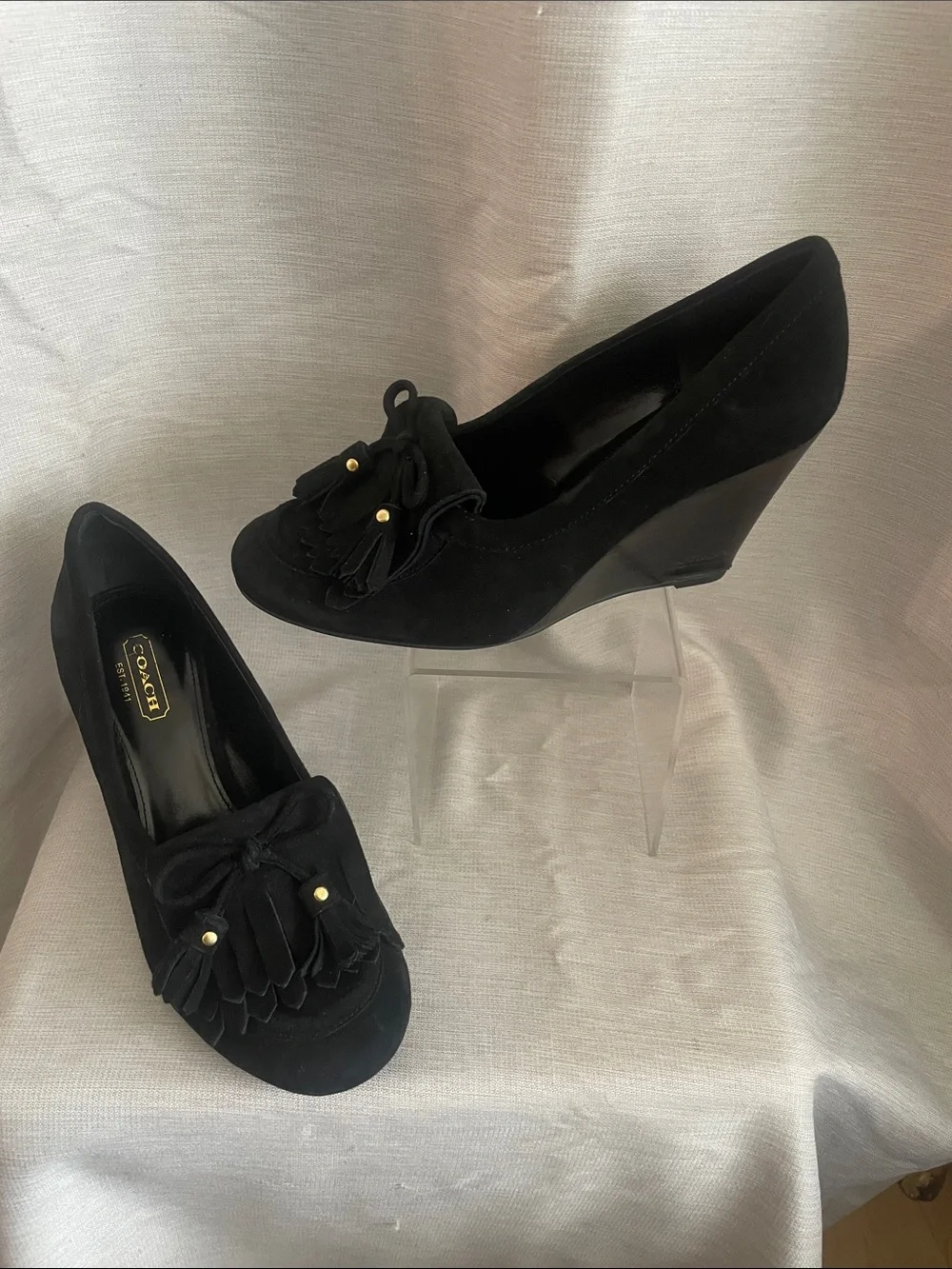 Coach Black Suede Wedge Loafers with Tassel Detail